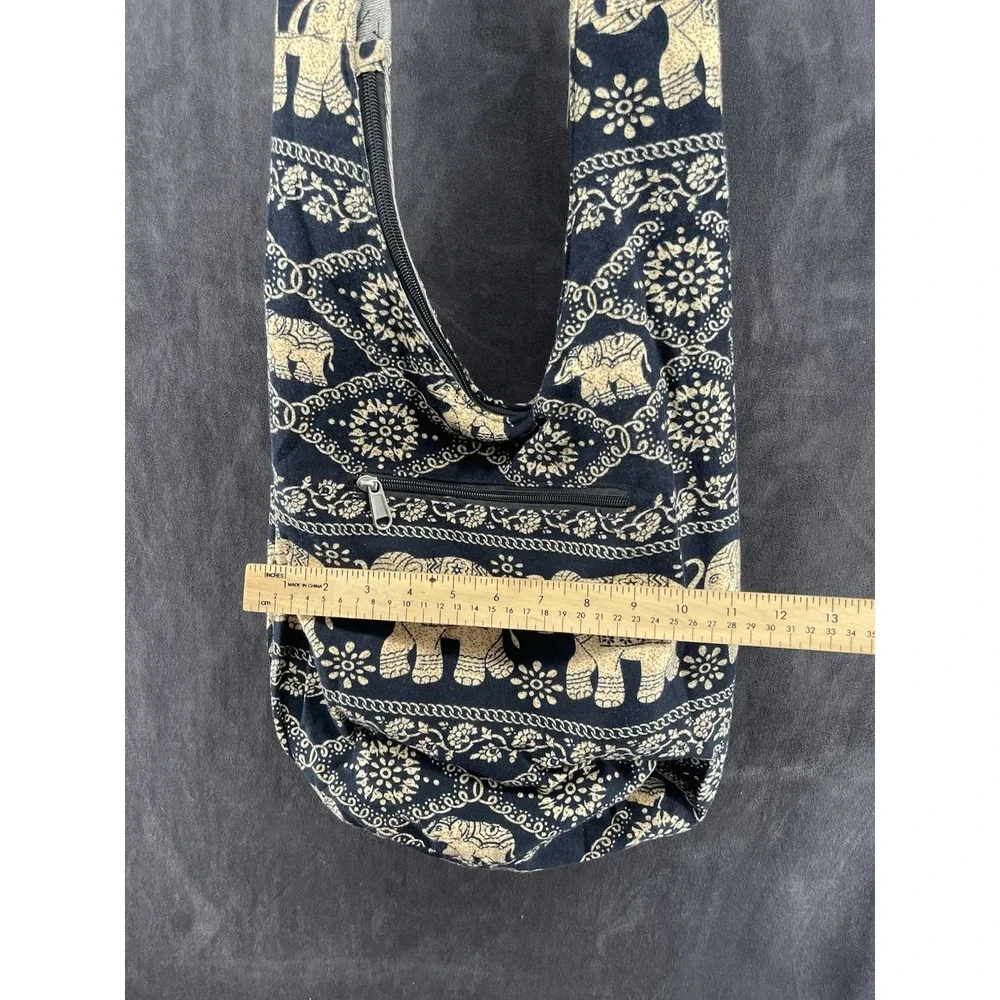 Boho Elephant Print Crossbody Sling Hobo Bag Cotton Black Beige Zip Pockets